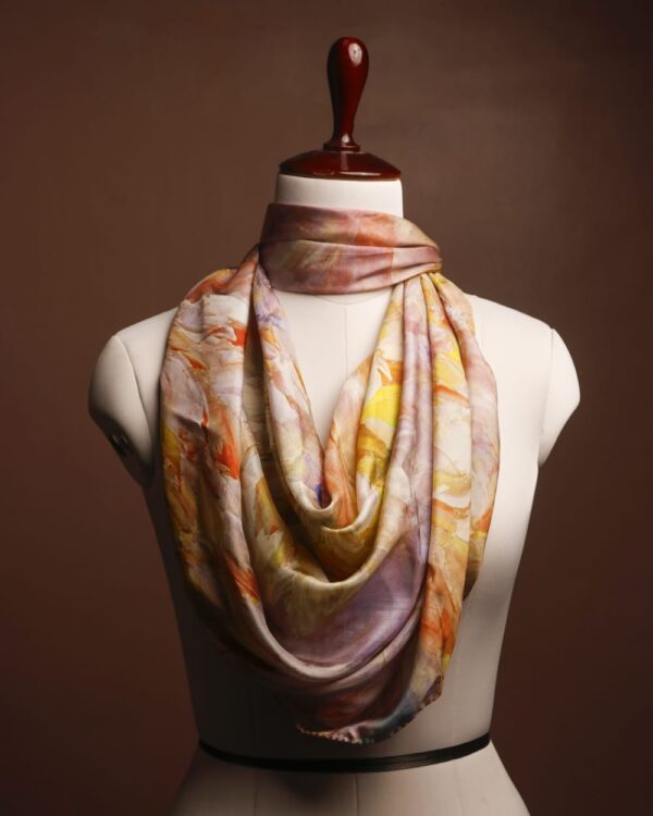 3.MULBERRY SILK Hand-Painted Abstract Mulberry Silk Scarf – Luxury Peach & Lavender Silk