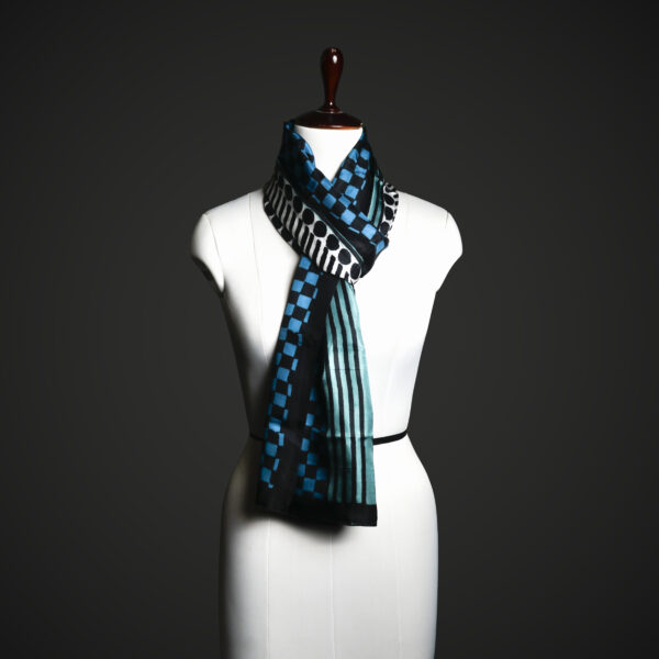 _MG_1625 Teal & Black Geometric Silk Scarf – Modern Graphic Print Luxury Stole