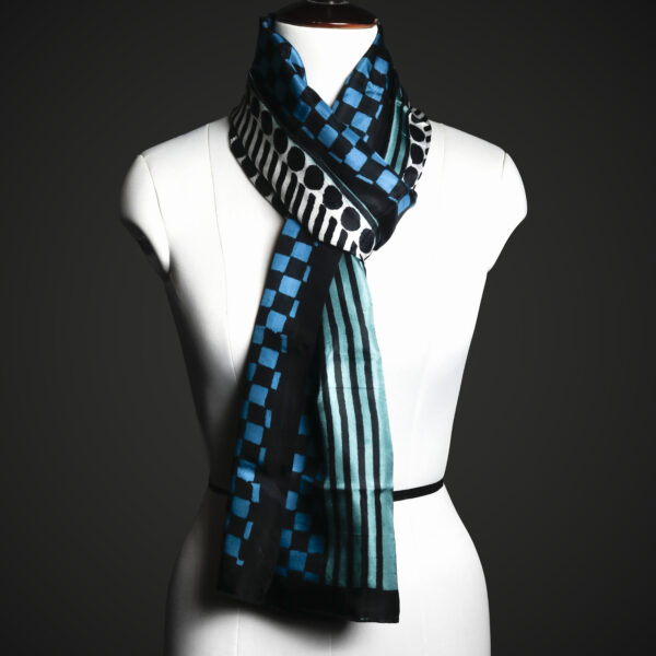 _MG_1626 Teal & Black Geometric Silk Scarf – Modern Graphic Print Luxury Stole