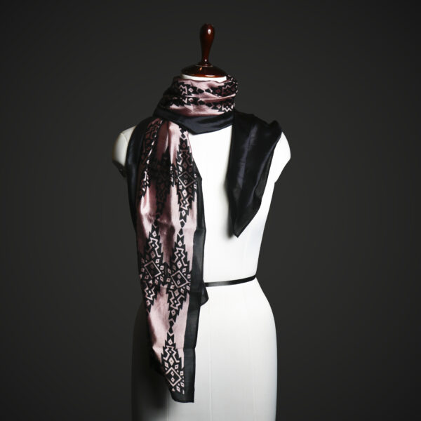 _MG_1632 Rose Gold & Black Tribal Print Silk Stole – Luxury Geometric Pattern Scarf