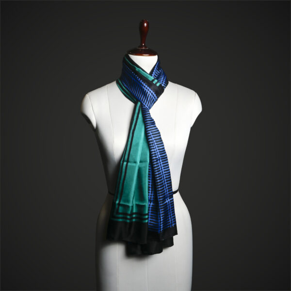 _MG_1653 Teal & Royal Blue Geometric Silk Stole – Modern Graphic Pattern Luxury Scarf