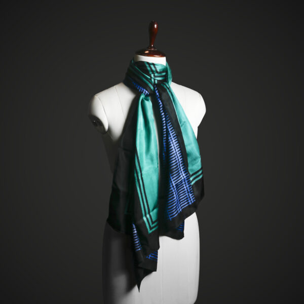 _MG_1658 Teal & Royal Blue Geometric Silk Stole – Modern Graphic Pattern Luxury Scarf