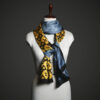 _MG_1675 Steampunk Gear Print Silk Scarf for Women – Luxury Blue & Gold Industrial Motif Stole