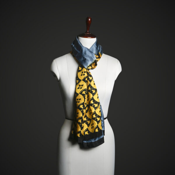 _MG_1678 Steampunk Gear Print Silk Scarf for Women – Luxury Blue & Gold Industrial Motif Stole