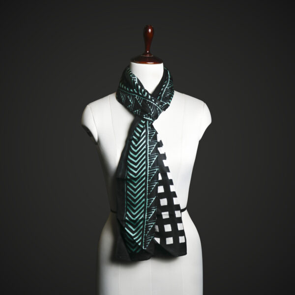 _MG_1697 Teal & Black Geometric Silk Stole for Women – Luxury Tribal Print Scarf